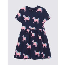 Marks & Spencer Saf Pamuklu Unicorn Desenli Kısa Kollu Elbise (2-7 Yaş)
