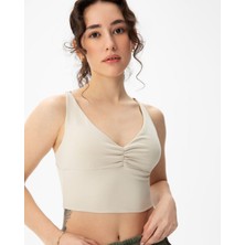 Ayma Active Krem EcoVero Viskoz, Ayarlanabilir Çapraz Askılı, Göğüs Pedli, V Yaka, Ön Büzgülü Askılı Büstiyer