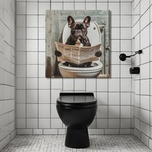 Gaagart Tekli Kare Kanvas Banyo Tablosu Gazete Okuyan Fransız Bulldog