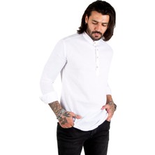 Deepsea Yarım Düğmeli Çizgi Desenli Hakim Yaka Flamlı Keten Uzun Kollu Erkek Gömlek 2201914