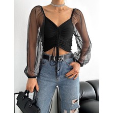 MST Clothing Tül Kol Ön Büzgü Detaylı Kadın Bluz