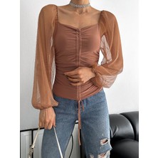 MST Clothing Tül Kol Ön Büzgü Detaylı Kadın Bluz