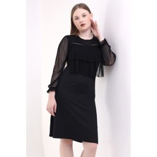 Mois Atelier Göğüs Fırfır Tül Detaylı Siyah Midi Abiye Nikah Elbise Tasarım Büyük Beden Bayramlık