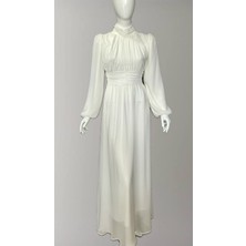 Mois Atelier Beyaz Şifon Balıkçı Yaka Büzgülü Uzun Abiye Nikah Elbise Tasarım Büyük Beden Tesettür Bayram