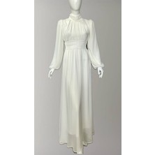 Mois Atelier Beyaz Şifon Balıkçı Yaka Büzgülü Uzun Abiye Nikah Elbise Tasarım Büyük Beden Tesettür Bayram