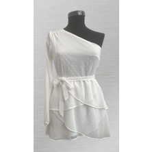 Mois Atelier Beyaz Puan Dokulu Tek Omuz Belden Kuşaklı Mini Abiye Elbise Büyük Beden Bayramlık