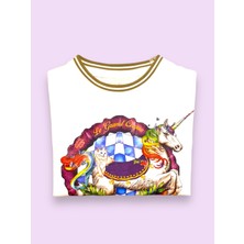 Little Tortoise Kız Çocuk Regular Fit Bisiklet Yaka Unicorn Baskılı Ekru Desenli Tişört