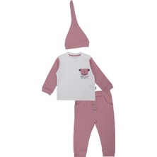 Bebelop Unisex Bebek Raporlu Hayvan Nakışlı Şapkalı 2'li Alt Üst Takım