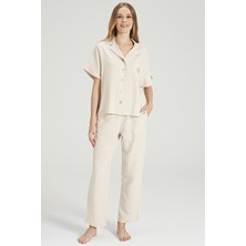 Feyza Kadın Boydan Düğme Bej Pijama Takımı 5073