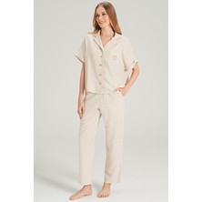 Feyza Kadın Boydan Düğme Bej Pijama Takımı 5073