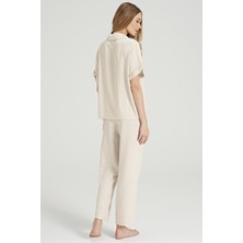 Feyza Kadın Boydan Düğme Bej Pijama Takımı 5073