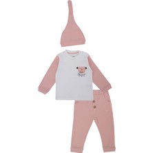 Bebelop Unisex Bebek Raporlu Hayvan Nakışlı Şapkalı 2'li Alt Üst Takım