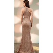 Hilal Trend Hilaltrend Halter Yaka Taş Detaylı Pullu Abiye Elbise