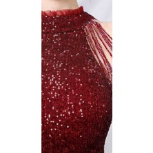 Hilal Trend Halter Yaka Asimetrik Taş Tasarımlı Pullu Abiye Elbise