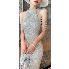 Hilal Trend Hilaltrend Halter Yaka Taş Detaylı Pullu Abiye Elbise