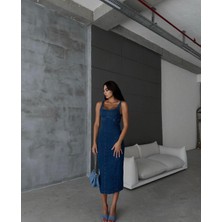Madame Melek Arkadan Yırtmaçlı Fermuarlı Kalın Asklı Kot Elbise Denim Elbise