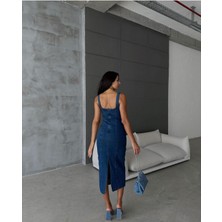 Madame Melek Arkadan Yırtmaçlı Fermuarlı Kalın Asklı Kot Elbise Denim Elbise