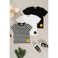 For You Kids 3'lü Emoji Detaylı Siyah Beyaz Çizgili Erkek Çocuk Tshirt