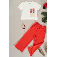 For You Kids Dantel Cep Detaylı Nar Çiçeği Pantolon Takım