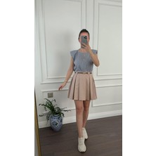 Büşce Bej Pileli Mini Etek
