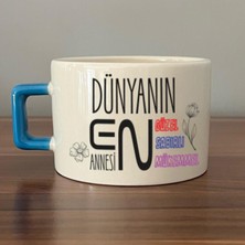 Mor Mürekkep Dünyanın En Annesi Baskılı Mavi Kulplu C Fincan