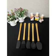 Kitchen Crazy Bambu Saplı 5 Parça Mini Silikon Spatula Kaşık Fırça Seti - Siyah