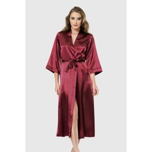 Maram Bordo Uzun Saten Sabahlık Kimono, Robe , Gelin Bride Rahat