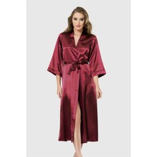 Maram Bordo Uzun Saten Sabahlık Kimono, Robe , Gelin Bride Rahat