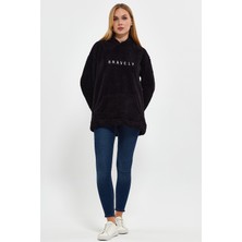 Kef Clothing Siyah Peluş Hoodie, Oversize Hoodie, Kadın Hoodie, Kanguru Cepli Kapüşonlu
