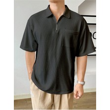 Genius Store Erkek Oversize Polo Yaka Waffle T-Shirt  Poloyaka-Fermuarlı