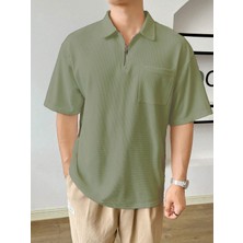 Genius Store Erkek Oversize Polo Yaka Waffle T-Shirt  Poloyaka-Fermuarlı