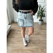 Arzu Emiroğlu Açık Yıkama Kargo Cep Denim Etek