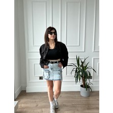 Arzu Emiroğlu Açık Yıkama Kargo Cep Denim Etek