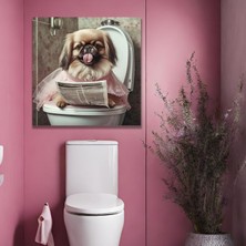 Gaagart Tekli Kare Kanvas Banyo Tablosu Gazete Okuyan Sevimli Pekinez