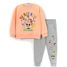 DobaKids Baskılı Uzun Kollu Yumuşak Pamuk Kumaşlı Bisiklet Yaka Manşetli Paça Kız Çocuk Eşofman Takımı Somon 001-0001895