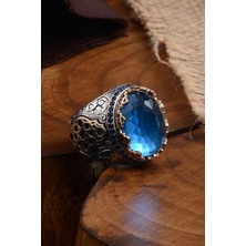 Vogutima Mavi Kehribar Taşlı Göktürkçe Türk Yazılı Yanı Vatan Yazılı Erkek Gümüş Yüzük