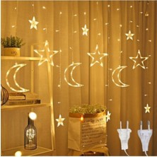 BYSHOME Dekoratif 8 Fonksiyonlu Ay Yıldızlı Perde LED 12 Sarkıt Ip LED Ekstra Yıldızlı