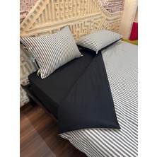 Jwk Home Akçay Çizgili ve Düz Çift Taraflı Nevresim Seti - Tek Kişilik - Gri Çizgili Siyah