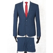 Jan Carlucci Slim Fit Beli Lastikli-Yarım Astar-Mono Yaka-Çift Yırtmaç Açık Lacivert Torba Cep Drop 6 Takım Elbise