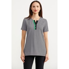 Sementa Açık Yaka Çizgili T-Shirt - Siyah