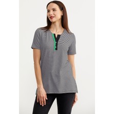 Sementa Açık Yaka Çizgili T-Shirt - Siyah