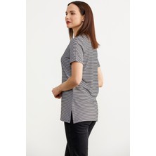 Sementa Açık Yaka Çizgili T-Shirt - Siyah