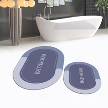 Viyana Home Dijital Baskılı Kaymaz Taban Yıkanabilir Oval Ikili Banyo Paspas Klozet Takımı, V-O-Klozet-02-Mavi,