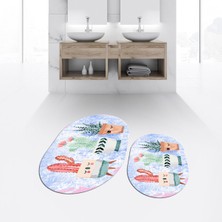 Viyana Home Dijital Baskılı Kaymaz Taban Yıkanabilir Oval Ikili Banyo Paspas Klozet Takımı, V-O-Klozet-24-Mavi,