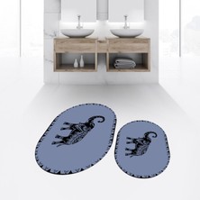 Viyana Home Dijital Baskılı Kaymaz Taban Yıkanabilir Oval Ikili Banyo Paspas Klozet Takımı, V-O-Klozet-32-Mavi,