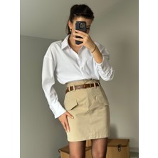 Begs Collection Krem Renk, Kemerli Kısa Etek