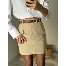 Begs Collection Krem Renk, Kemerli Kısa Etek