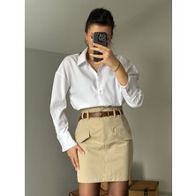Begs Collection Krem Renk, Kemerli Kısa Etek