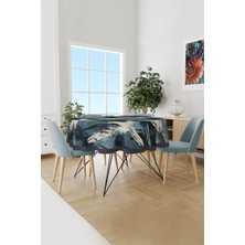 Moud's Blue Brush Desenli Yuvarlak Süet Dertsiz Masa Örtüsü