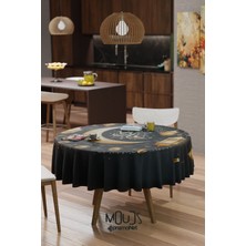 Moud's Ramazan Lacivert Ay ve Lamba Desenli Süet Kumaş Dertsiz Yuvarlak Masa Örtüsü Ramadan